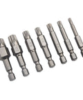 Premium Seven Piece 12 Point Screwdriver Bit Set Features M5, M6, M7, M8 And M10 Torx Sizes For Robust Automotive Repair With 50mm Length Hex Shank Alloy Steel Bits Perfect For Electric Drills And Manual Drivers Without Stripping. seven alloy steel Torx screwdriver bits