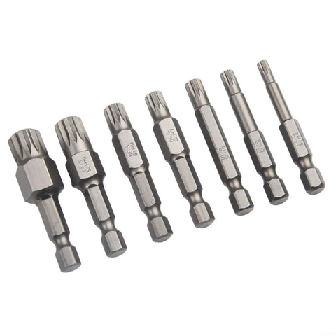 Premium Seven Piece 12 Point Screwdriver Bit Set Features M5, M6, M7, M8 And M10 Torx Sizes For Robust Automotive Repair With 50mm Length Hex Shank Alloy Steel Bits Perfect For Electric Drills And Manual Drivers Without Stripping. seven alloy steel Torx screwdriver bits