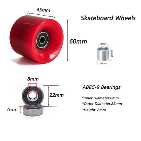 60mm Cruiser Skateboard Wheels 80A With ABEC-9 Bearings And Spacers, Red Penny Board Ready Set, wheel and bearing dimensions