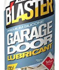 Front view of Blaster Garage Door Lubricant bottle, 9.3 oz, white container with yellow cap and blue label.