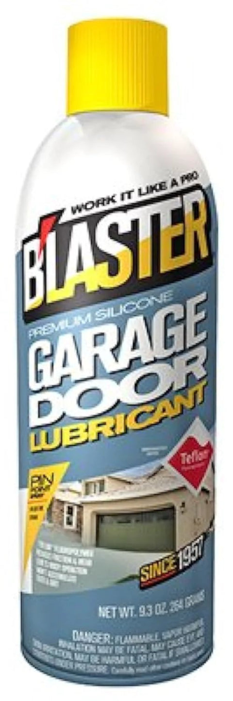 Front view of Blaster Garage Door Lubricant bottle, 9.3 oz, white container with yellow cap and blue label.