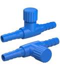 Two blue plastic aquarium air control valves for 3/16 in tubing with adjustable knobs.