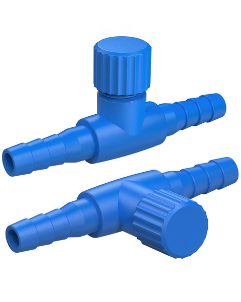 Two blue plastic aquarium air control valves for 3/16 in tubing with adjustable knobs.