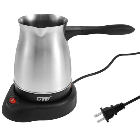 Electric Turkish Coffee Pot Maker 600ml For Camping Home And Travel, with pot on base and visible power cord, front view