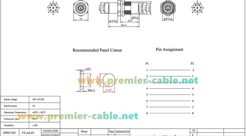Technical drawing of M12 A Code 8 Pin Female To Female Bulkhead Connector IP67 with dimensions and pin assignments