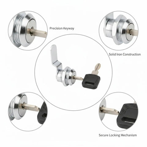Multipurpose Iron Cam Lock for Metal Cabinets, File Drawers, and Lockers with silver finish showing key and locking mechanism