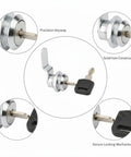 Heavy Duty Iron Cam Lock Set For File Cabinets, Lockers, And Tool Chests, silver rotating cam with key in lock