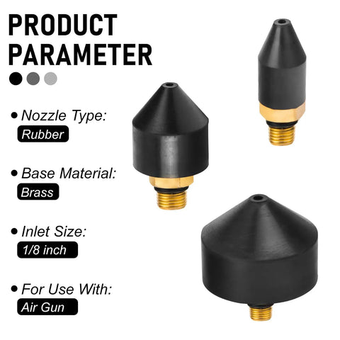 Three Piece One Eighth Inch Rubber Tip Set For Air Blow Gun With Brass Fittings, visible nozzles and product materials