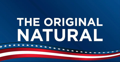 Blue background with white text 'The Original Natural' and a red, white, and blue star-spangled banner at the bottom.
