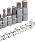 Huge 8 Piece Professional Torx Bit Socket Set With 1/4 And 3/8 Inch Sockets For M4 To M16 Hex Screws Plus Impact Ready Tamper Proof Star Tools That Rock Hard And Last Forever, chrome sockets on rack