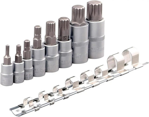 Huge 8 Piece Professional Torx Bit Socket Set With 1/4 And 3/8 Inch Sockets For M4 To M16 Hex Screws Plus Impact Ready Tamper Proof Star Tools That Rock Hard And Last Forever, chrome sockets on rack