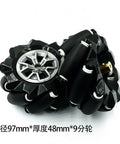 Mecanum wheel, black high-hard plastic, 97mm diameter, 48mm thick, 6mm hub, omni-directional