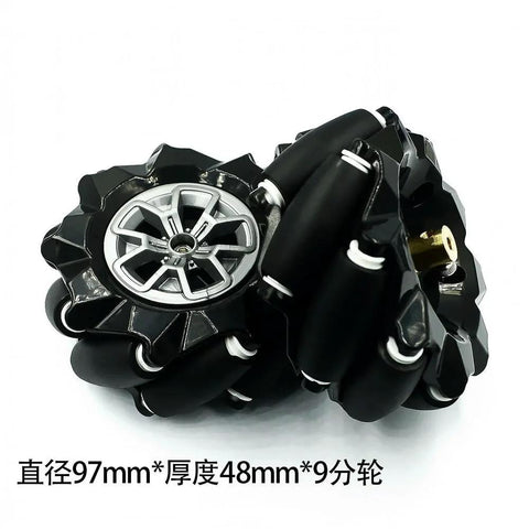 Mecanum wheel, black high-hard plastic, 97mm diameter, 48mm thick, 6mm hub, omni-directional