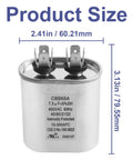7.5uF 450VAC Dual Run Ellipse Start Capacitor dimensions for RV Campers and AC Fans, shown with product size details.