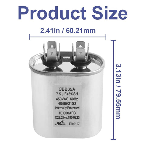7.5uF 450VAC Dual Run Ellipse Start Capacitor dimensions for RV Campers and AC Fans, shown with product size details.