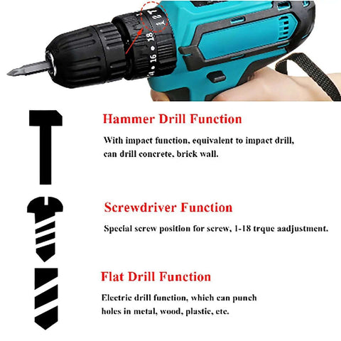 21V Lithium Ion Cordless Drill And Impact Driver Set With Variable Speed Trigger detailing hammer, screwdriver, and flat drill functions.