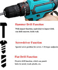 21V Lithium Ion Cordless Drill And Impact Driver Set Featuring Variable Speed Control shows hammer, screwdriver, and flat drill functions.