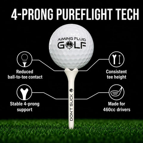 Dont Suck Golf Tees Pack Of 50 With Durable Four Prong Design And PureFlight Tech shown with golf ball and benefits.