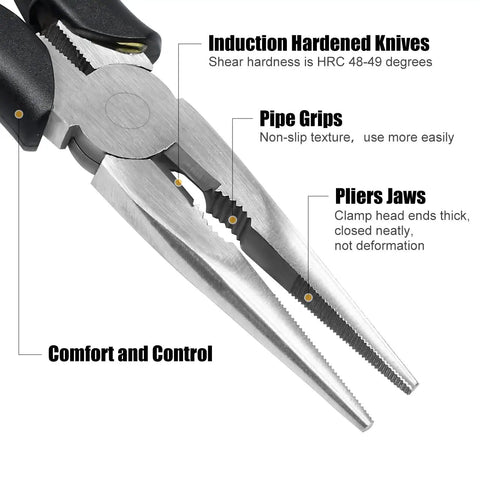 Close-up of Long Nose Pliers Set 6 Inch And 8 Inch With Wire Cutter showing jaws, pipe grips, and handles