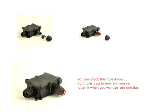 Waterproof Outdoor Junction Box IP68 With 3 Way M20 Cable Gland showing parts and blocked hole option