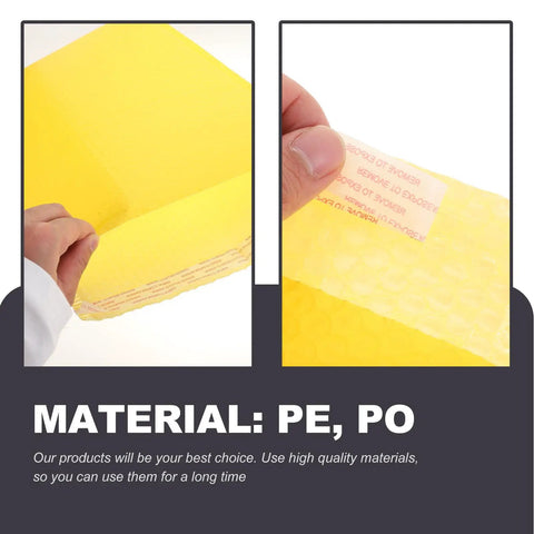 Waterproof Bubble Mailers 25 Pack 28x37 cm Plus 6 cm Thick Self Adhesive Padded Envelopes showing material and adhesive seal.
