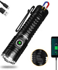 TS22 4500 Lumen Rechargeable LED Flashlight with USB-C and magnetic charging, IP68 waterproof, shown with phone and charger