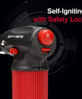 Close-up of Go To Professional Butane Torch Lighter Handheld Mini Blow Torch with red safety lock and self-igniting feature.