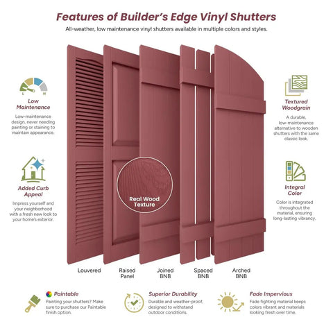 Image of various Builder's Edge vinyl shutters showcasing features like textured wood grain and low maintenance design.