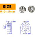 Diagram and photo of Hardworking M10 X 1.5mm Serrated Hex Flange Lock Nuts In 304 Stainless Steel With Bright Finish