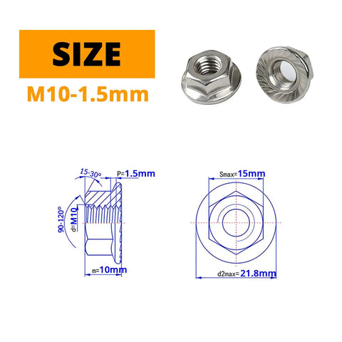 Diagram and photo of Hardworking M10 X 1.5mm Serrated Hex Flange Lock Nuts In 304 Stainless Steel With Bright Finish