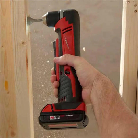 Top Shelf Cordless Right Angle Drill Compatible With M18 Battery Packs Sold As Zero Accessory Bare Tool being used on wood.