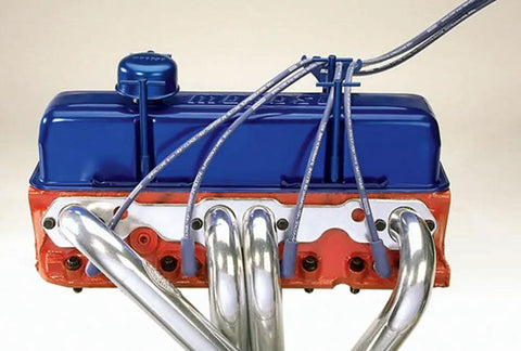 Engine with 4-Hole Ignition Wire Loom Kit For 7-9mm Spark Plug Wires, Includes Two Chrome Brackets And Two Looms, installed