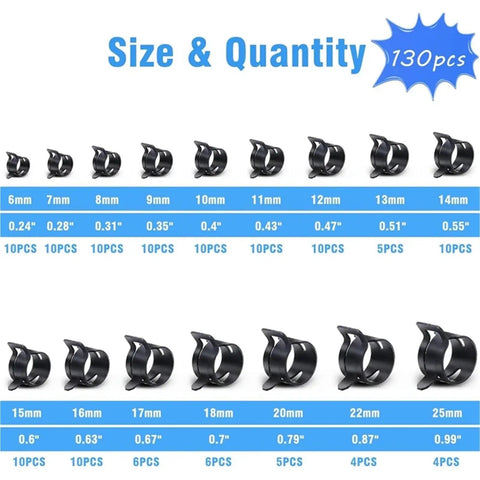 Spring Band Hose Clamps Assortment Kit For Fuel Line Swivel Pipe Pliers Stepless Tightening Tool That Is Totally Sick And Dope For Any Auto Gearhead Who Wants A Solid Fix Without Breaking The Bank. 130pcs 6-25mm black steel hose clamps