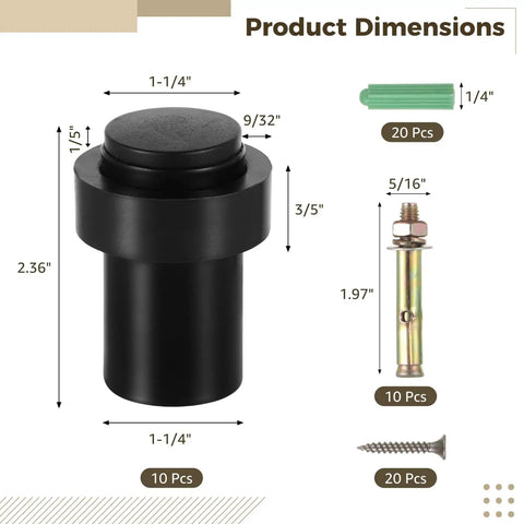 Set Of 10 Floor And Wall Mounted Door Stops With Rubber Bumpers, Cylindrical Stainless Steel Door Holders dimensions displayed