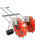 Double Row Seed Spreader For Garden And Farm, Portable Manual Seeder With Hand Push Roller, featuring dual red seeders