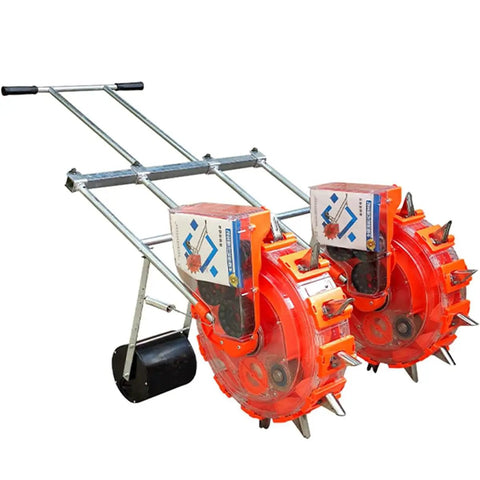 Double Row Seed Spreader For Garden And Farm, Portable Manual Seeder With Hand Push Roller, featuring dual red seeders