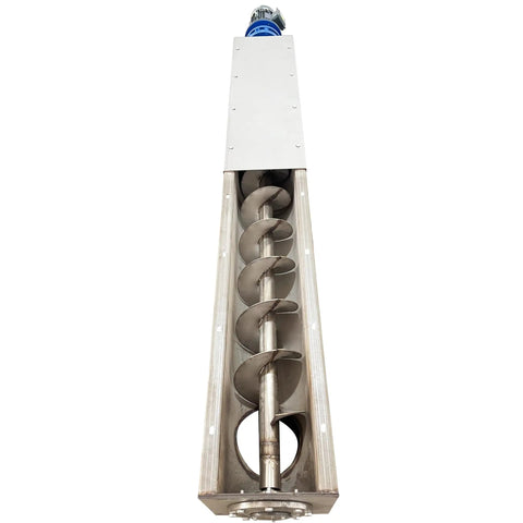 Rock Solid 304 Stainless Steel U Trough Auger Screw Conveyor featuring a 9 Inch Helical Blade, view of inner helical screw.