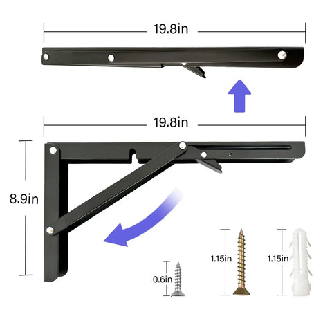 Heavy Duty Folding Shelf Brackets, 20 Inch 4 Pack Collapsible Wall Mounts shown with dimensions and screws.
