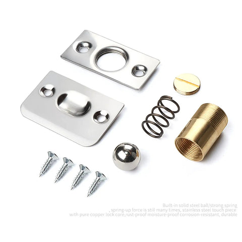 Heavy Duty Brass Ball Door Catch For Interior Doors, Adjustable Seam Fit, including screws, spring, and brass components