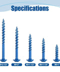 Five blue coated screws in varying sizes, labeled under specifications, featuring Heavy Duty Pocket Hole Screws 8x1 Inch, 300 Pack for Outdoor Exterior.