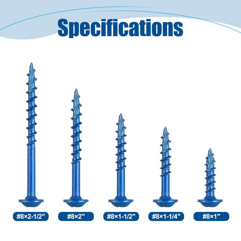 Five blue coated screws in varying sizes, labeled under specifications, featuring Heavy Duty Pocket Hole Screws 8x1 Inch, 300 Pack for Outdoor Exterior.
