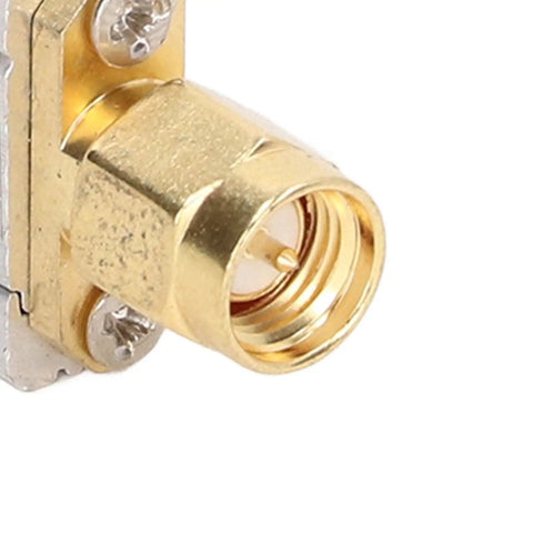 Close-up of a gold SMA connector on a 915MHz Bandpass Receiver Filter With SMA Interface, 26MHz Bandwidth, Broad Compatibility.
