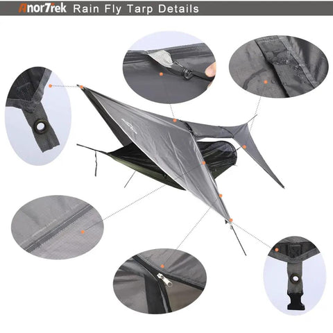 Camping Hammock With Mosquito Net And Rain Fly Tarp For Outdoor Adventures detail view of tarp materials and connections