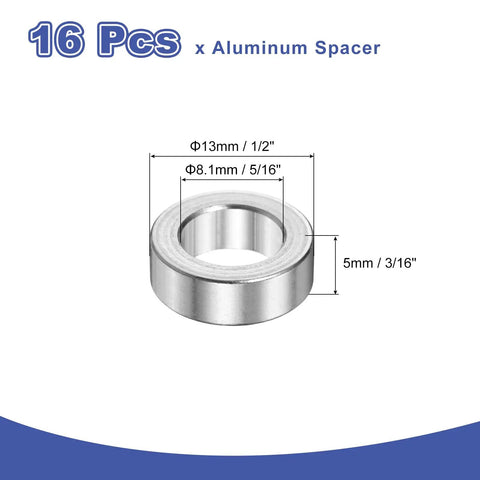 16 Piece Aluminum Spacers With 5/16 Inch Inner And Half Inch Outer Diameter showing a silver aluminum spacer for M8 bolts and rods.