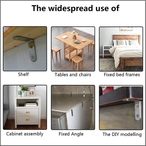 Various uses of Heavy Duty L Shaped Shelf Brackets Set, Stainless Steel Corner Braces in furniture and shelf installations.