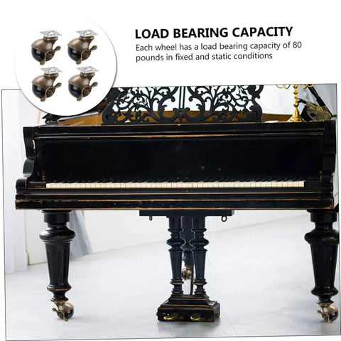 Four Pack Vintage Brass Caster Plates With Locking Wheels Heavy Duty Furniture Casters Built Like A Tank Smooth As Butter Rolling Platform For Trolleys And Shelves Indoor Outdoor on a piano, showcasing vintage design.