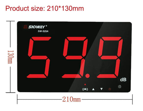 Digital Sound Level Meter With Large LCD Display, 30 To 130 dB Range, wall-mount, 59.9 dB reading, size 210x130 mm, black