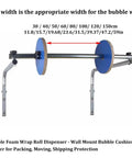 Wall mounted bubble wrap dispenser showing adjustable foam roll holder, suitable for standard 150 cm roll width, designed for packing.