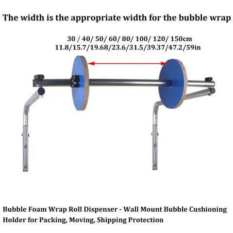 Wall mounted bubble wrap dispenser showing adjustable foam roll holder, suitable for standard 150 cm roll width, designed for packing.