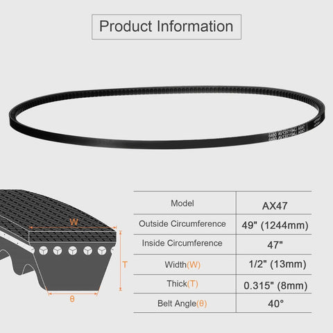 Cogged EPDM V Belt Raw Edge Industrial Rubber Belt Half Inch Wide Inside Circumference Forty Seven Inches Oil Resistant Heat And Cold Resistant Quiet Performance Durable Drive Belt, AX47 size chart